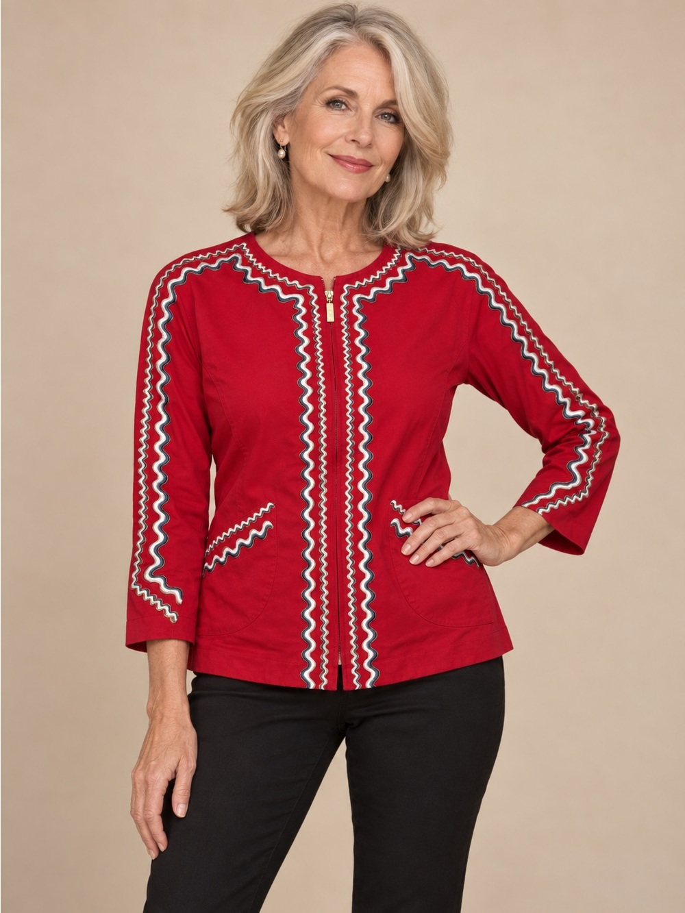 Bob Mackie Wearable Art Red Ric Rac Embroidered Zip Jacket Womens XS Y2K